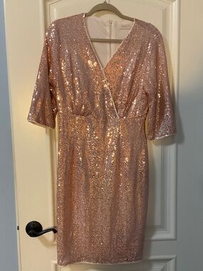 Rose Gold Sequin Wrap Midi Dress L NWT